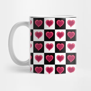 Red watercolor hearts black and white checkered pattern Mug